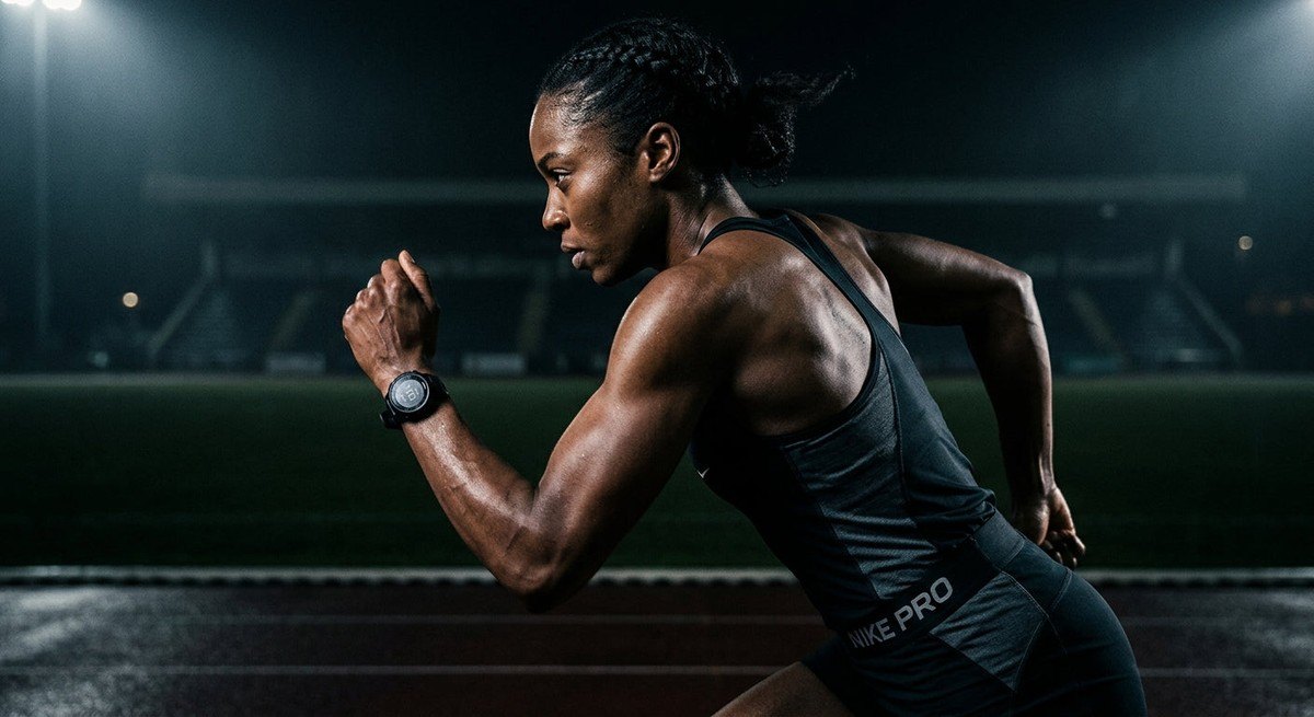 A close-up side profile of a focused athlete in mid-stride on a stadium track, highlighting sharp muscle definition and dramatic, cinematic contrast against a dark, atmospheric background.