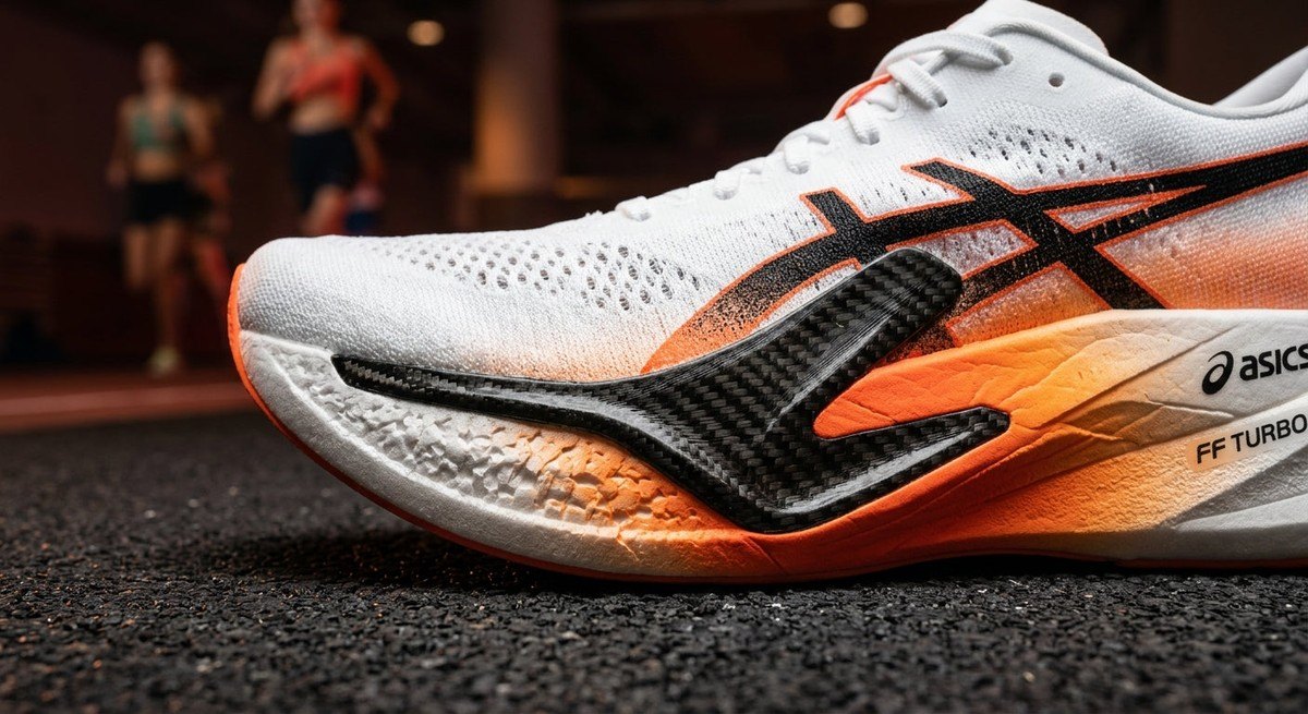 A close-up technical photograph of the ASICS Hypersync midsole showing the textured material and carbon plate geometry.