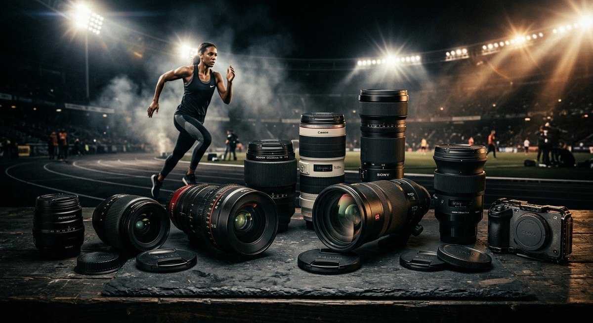A collection of interchangeable sports lenses displayed on a dark, moody table with cinematic stadium lighting and dramatic shadows.