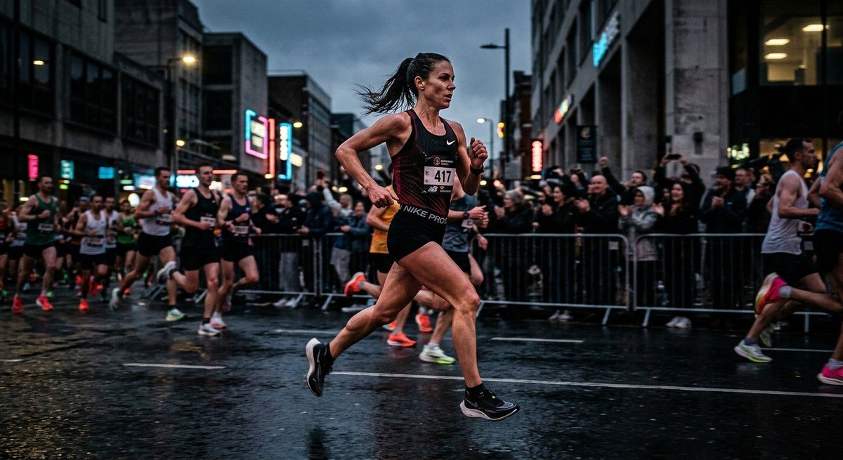 A competitive athlete mid-stride during a marathon, captured with high-speed photography in a moody, high-contrast urban environment.
