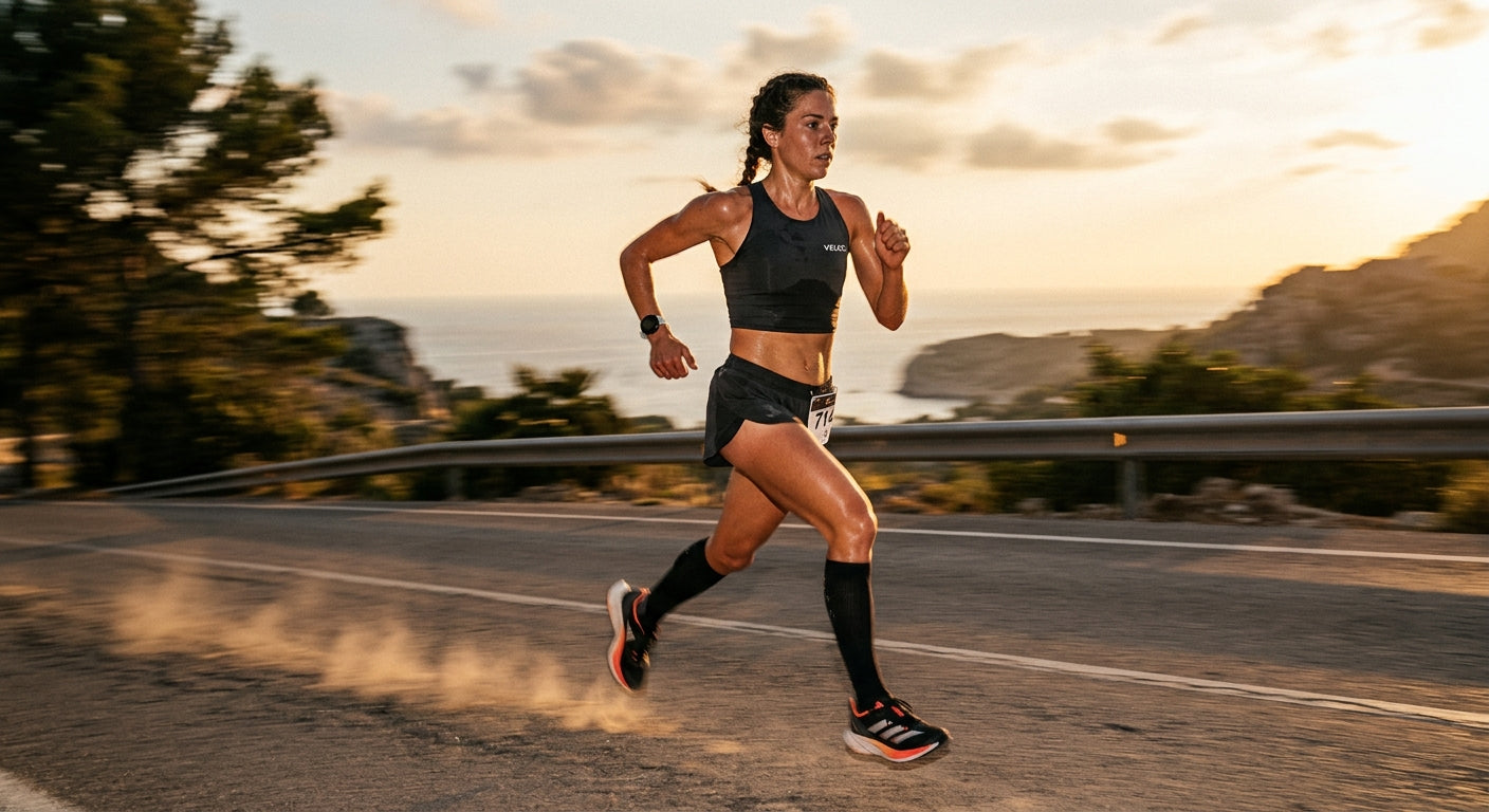 A competitive athlete wearing advanced moisture-wicking gear during a hot weather training run, captured with cinematic lighting and sharp motion blur.
