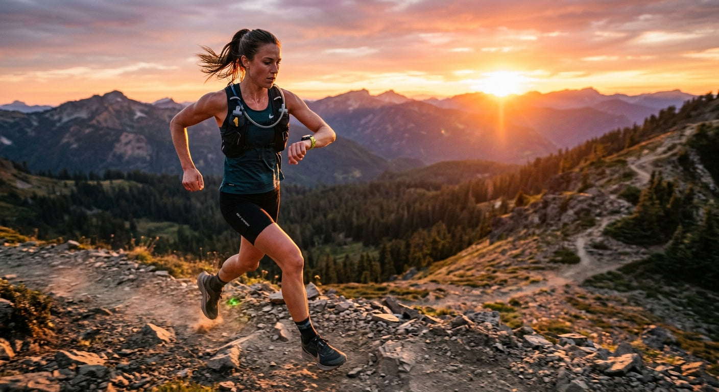 A competitive endurance runner using a wearable device to monitor heart rate and hydration levels during a sunset training session on a rugged trail.