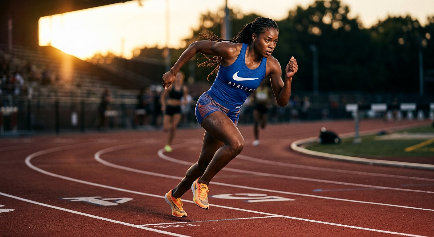 A competitive runner navigating a sharp turn on a track, demonstrating intense focus and athletic gear texture.
