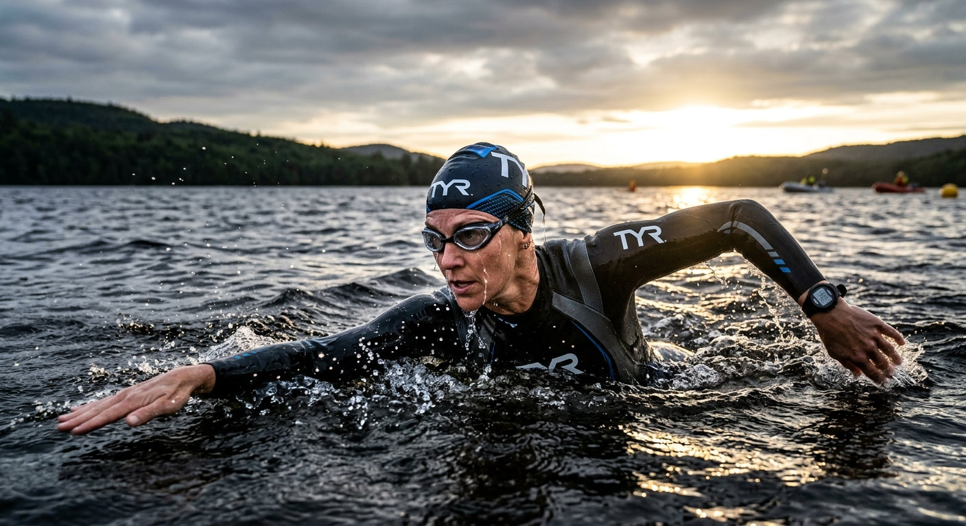 A competitive swimmer executing a perfect sighting manoeuvre in open water, with sharp textures and cinematic lighting highlighting the water droplets and form.