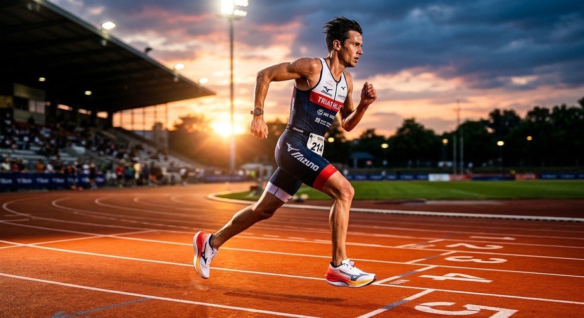 A competitive triathlete running in professional gear, wearing the Mizuno Wave Rebellion Pro 4, captured in a dramatic, high-contrast action shot on a track.