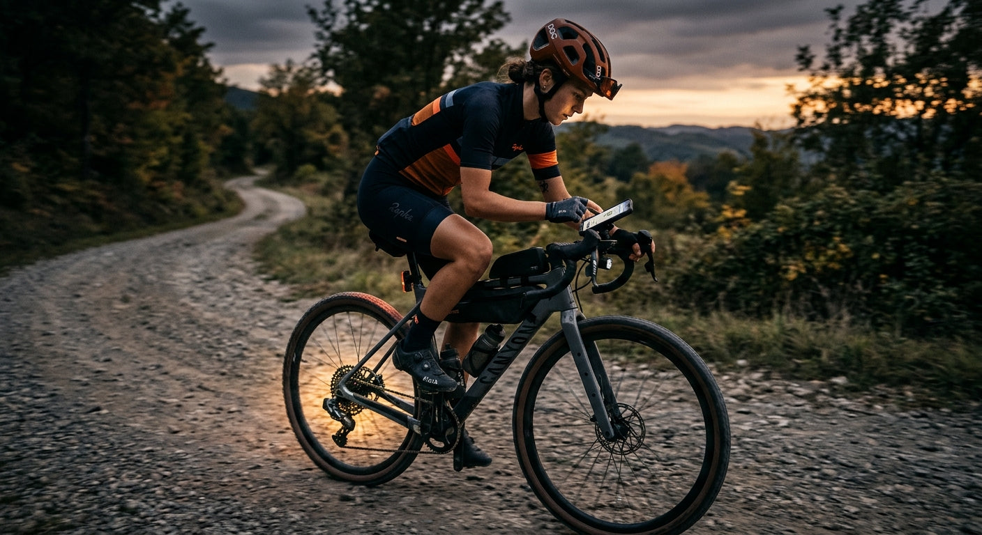A cyclist adjusting their 13-speed wireless drivetrain settings on a smartphone app while riding on a gravel path at dusk.