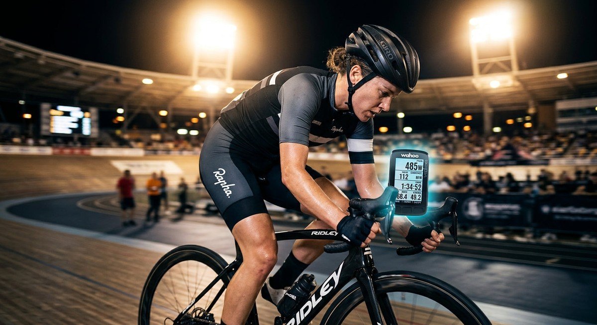 A cyclist illuminated by dramatic stadium lights, focusing on a digital screen displaying power metrics.