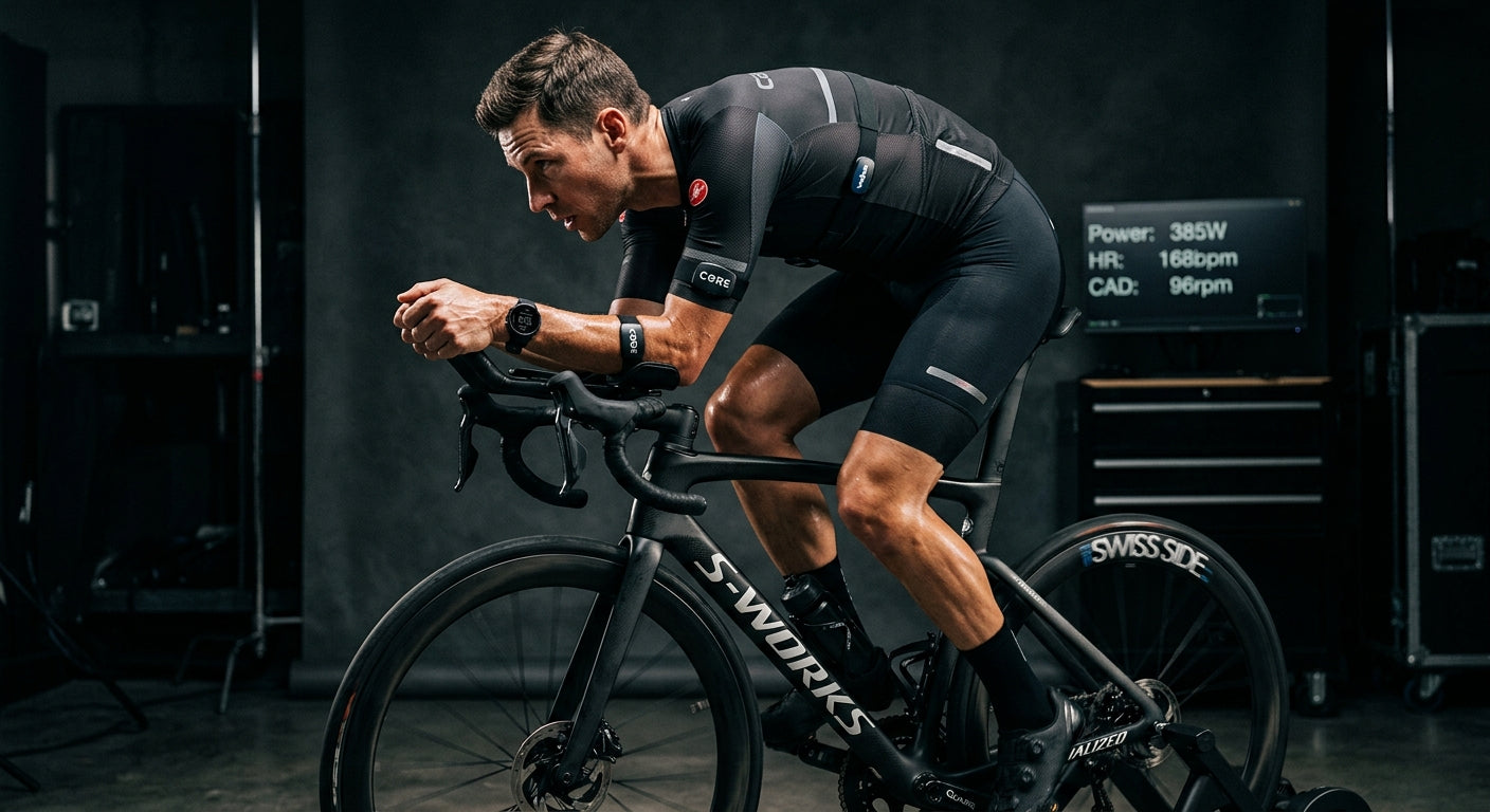 A cyclist in a high-speed tuck position, captured in a dramatic, high-contrast studio setting that emphasises the precision of biometric tracking equipment.