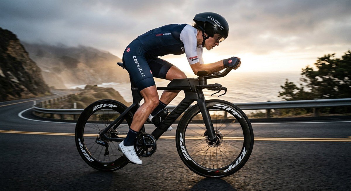 A cyclist in a low-crouch aerodynamic position on a sleek bike, shot from a low angle with sharp textures and atmospheric lighting.