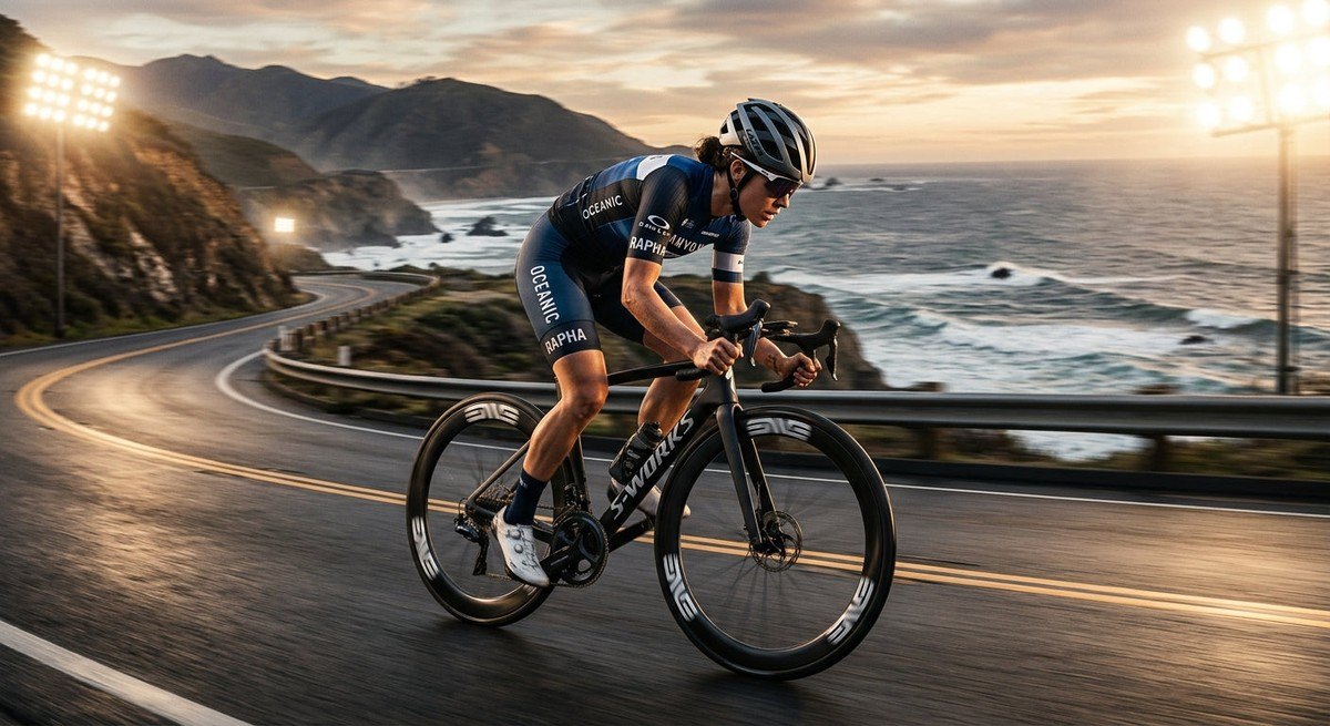 A cyclist in a low-profile aerodynamic position speeding along a coastal road with cinematic stadium lighting effects