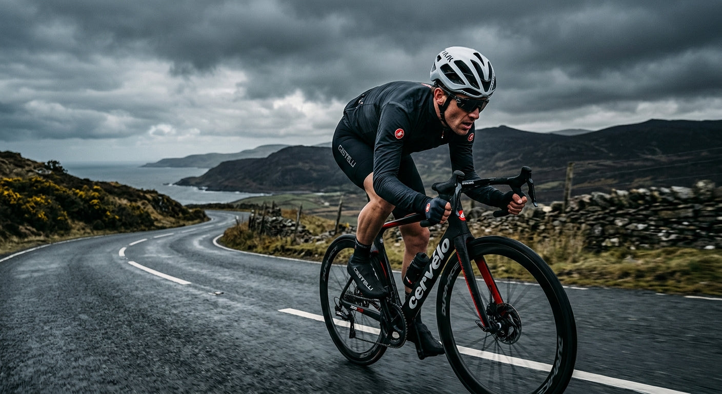 A cyclist in a low-profile, aggressive race position, showcasing the aerodynamic fit of the Castelli Perfetto RoS 2 jacket against a moody, overcast horizon.