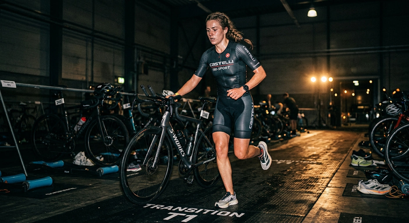 A cyclist in a moody, high-contrast training environment transitioning to a running stance, showcasing intense focus and athletic form.