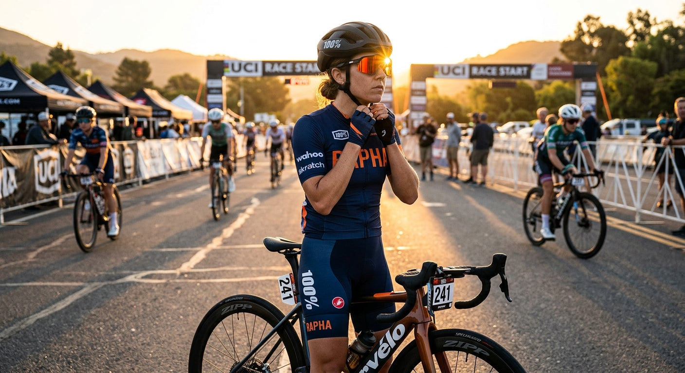 A cyclist in full kit preparing for a race, with the 100% Hypercraft sunglasses catching the sunlight to highlight lens clarity and athletic motion.
