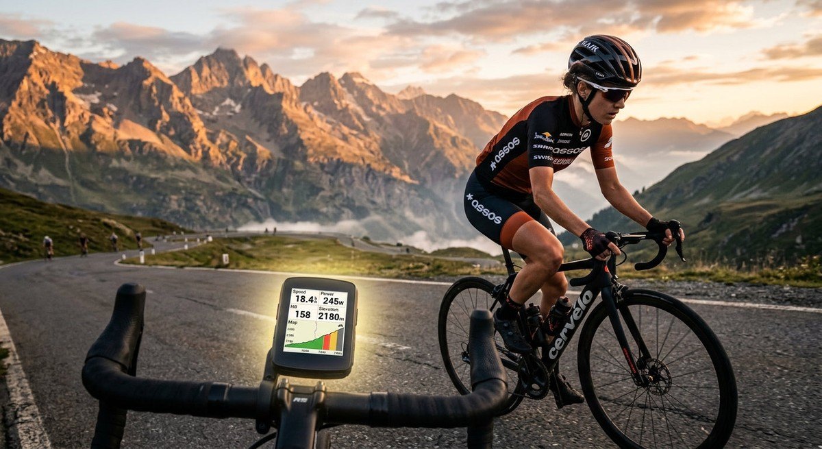 A cyclist in professional kit riding through a dramatic mountain pass at dawn, with the Karoo 3 screen glowing brightly in the foreground.