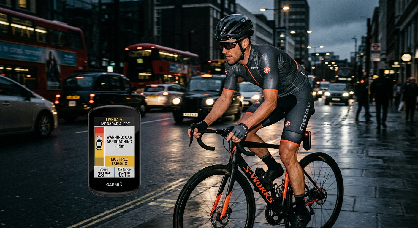 A cyclist navigating a busy road with a digital interface showing proximity alerts, demonstrating the sophisticated radar technology in a high-contrast, moody urban setting.
