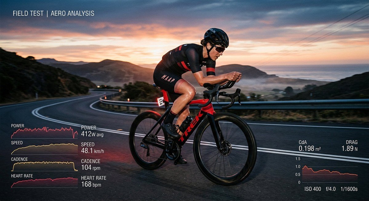 A cyclist performing a field test on an empty asphalt road at dawn, with digital telemetry data overlay suggesting aerodynamic analysis.