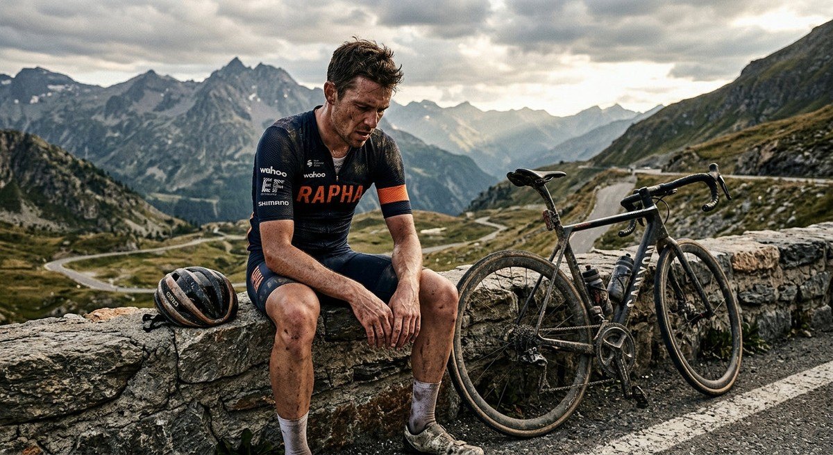 A cyclist resting after a gruelling ride, with cinematic textures and sharp detail highlighting the intensity of athletic training.