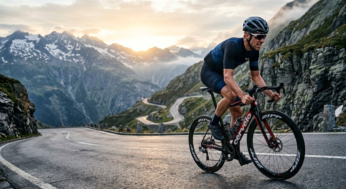 A cyclist riding through a dramatic mountain pass at dawn with sharp focus and intense athletic expression.