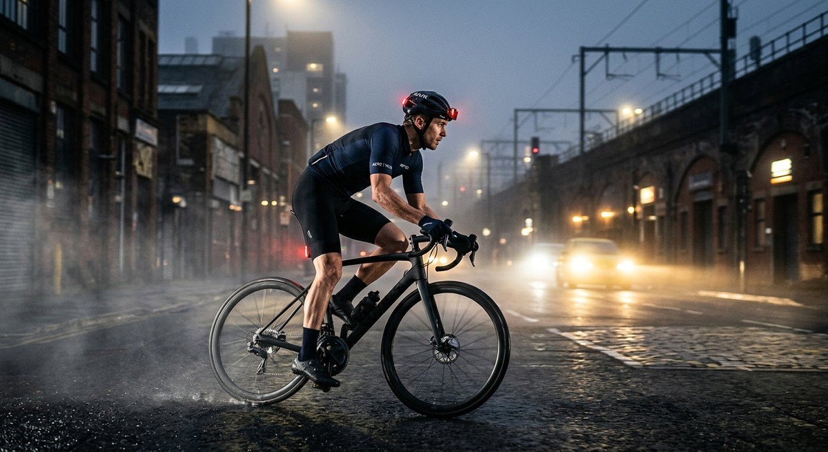 A cyclist riding through a misty, high-contrast urban environment at dawn, captured in sharp, professional action photography