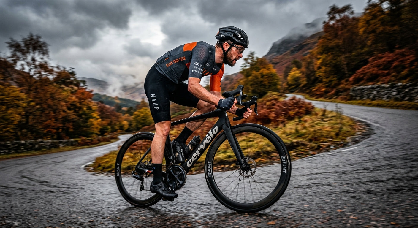 A cyclist riding through a moody, autumnal landscape at high speed, with motion blur and sharp fine details in the kit fabric.
