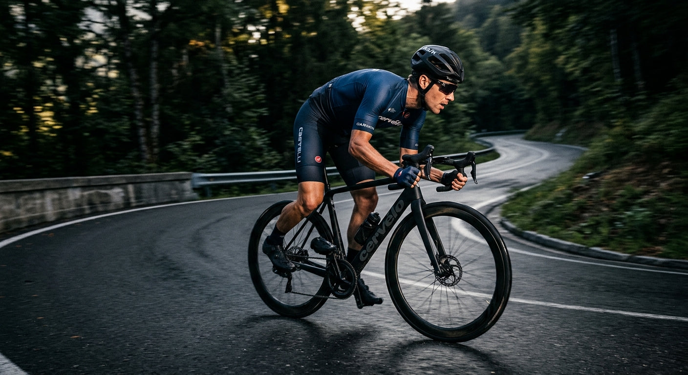 A cyclist speeding through a sharp turn, highlighting the aerodynamic profile of the bike and rider in a high-contrast athletic shot.