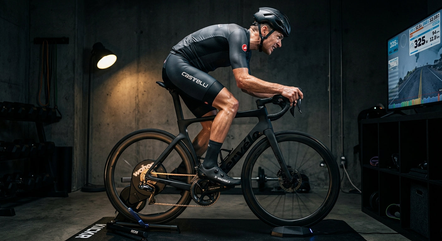 A cyclist training on a smart trainer in a dark, atmospheric room with intense focus and sharp, realistic details of the movement.