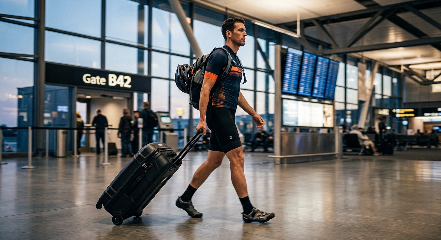 A cyclist walking through a modern airport terminal pulling a professional bike travel case with cinematic lighting and motion blur