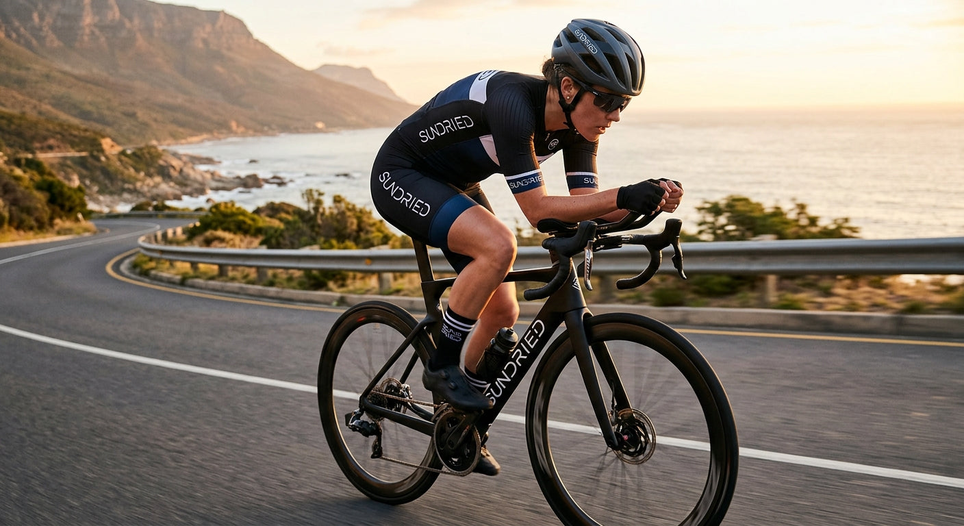 A cyclist wearing a Sundried aerodynamic skin-suit and cycle socks, riding in a low-drag position with a compact bike computer visible.