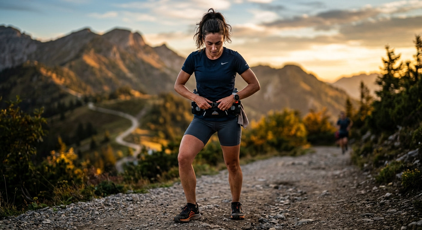 A dedicated runner preparing for a training session, wearing a sweat-wicking tee and hydration belt, with a high-contrast athletic aesthetic.