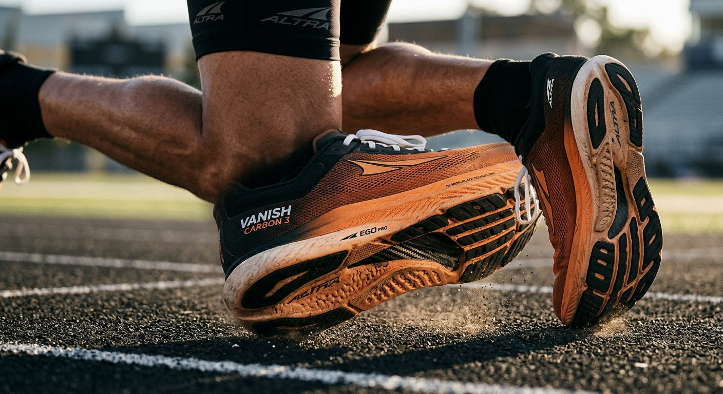 A detailed close-up of the Altra Vanish Carbon 3 midsole, highlighting the carbon-plate geometry and high-rebound foam texture.