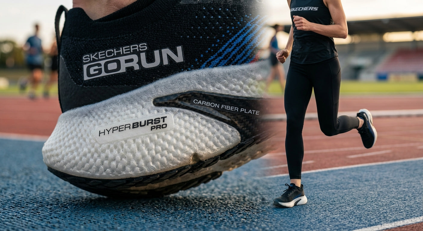 A detailed close-up of the Skechers GoRun Speed Beast midsole, highlighting the texture of the Hyper Burst Pro foam and the carbon plate integration.