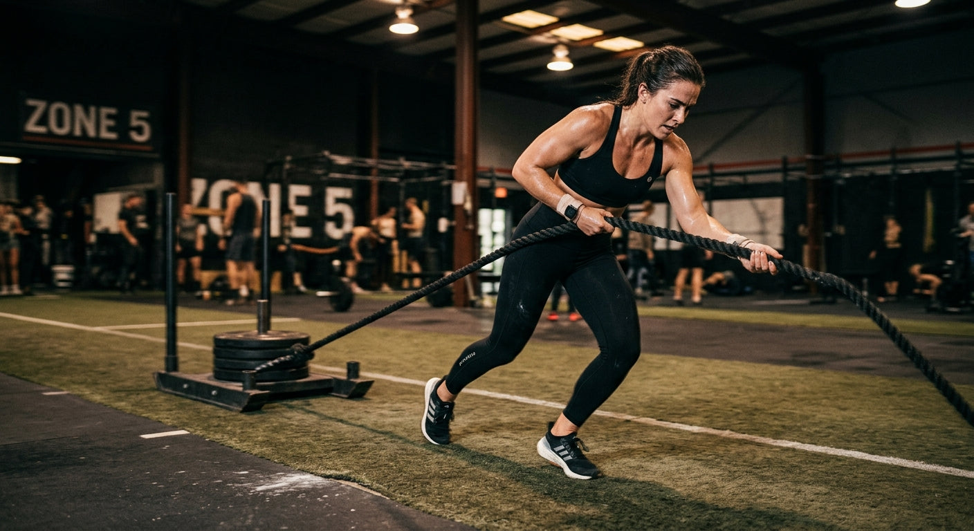 A detailed close-up shot of a fitness competitor focusing on a sled pull exercise with realistic motion blur and cinematic textures.