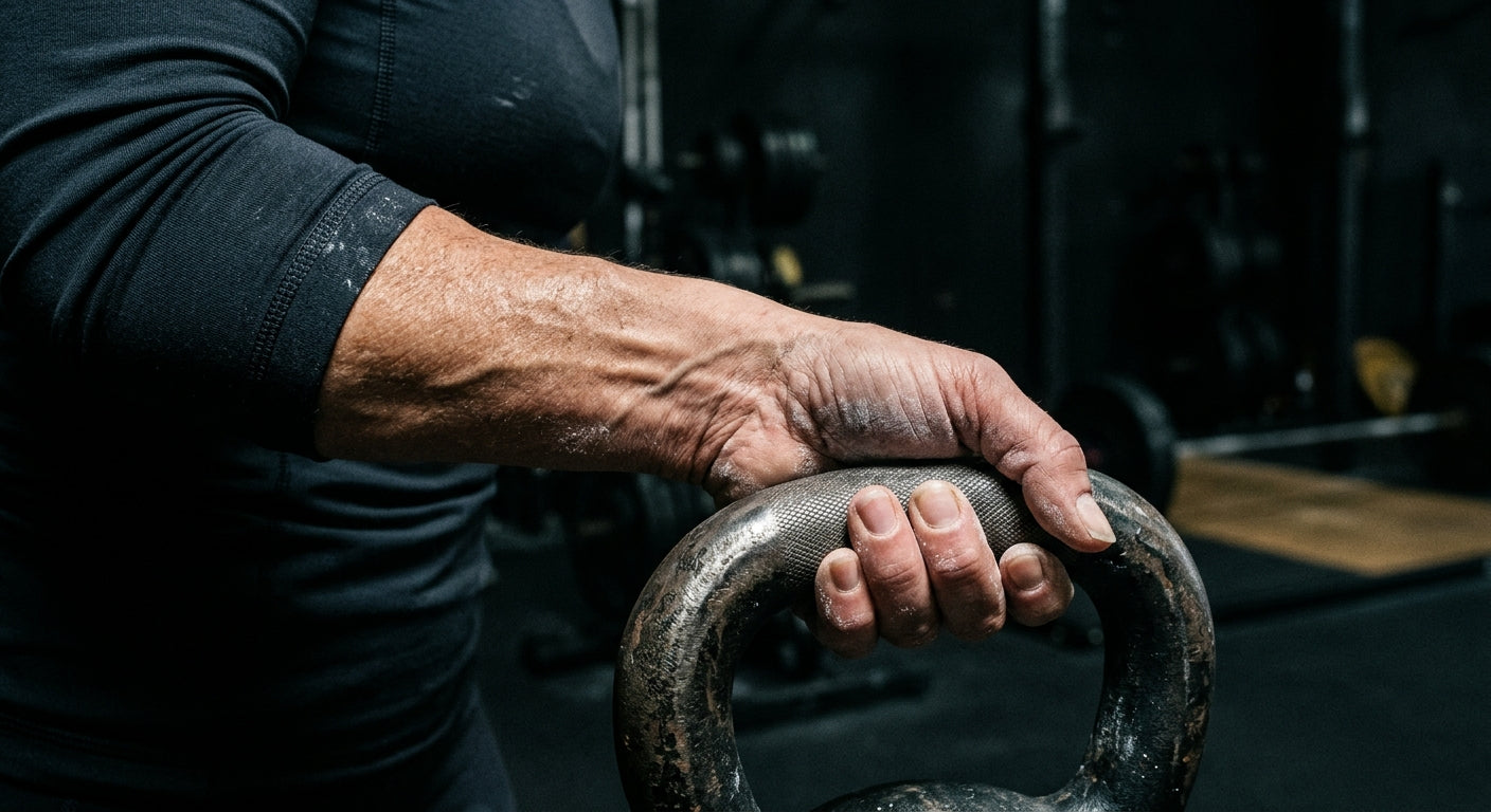 A detailed close-up shot of an athlete's hands gripping a heavy metal handle, showing realistic skin texture and sharp lighting.