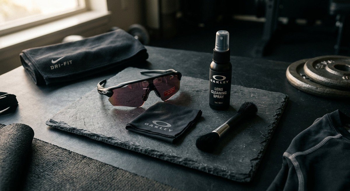 A detailed flat-lay of essential sports eyewear maintenance kit including cleaning spray, microfibre cloth, and brush on a dark, textured surface.