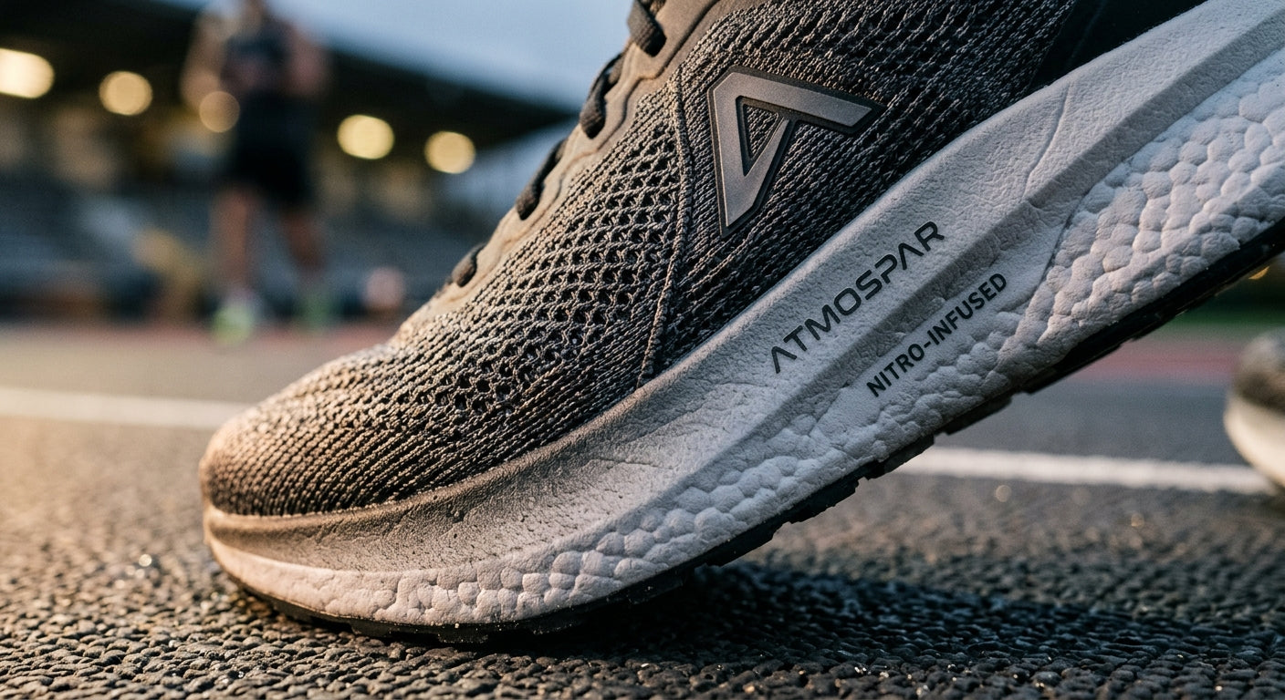 A detailed macro view of the Atmospar Craft engineered mesh upper and nitrogen-infused midsole, highlighting the premium material textures and design.