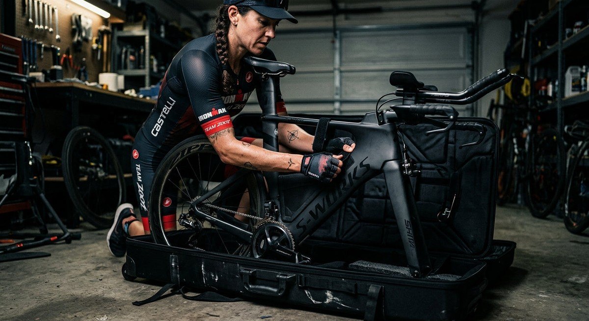 A detailed, moody close-up of a carbon fibre triathlon bike being packed into a professional hard-shell case in a garage.