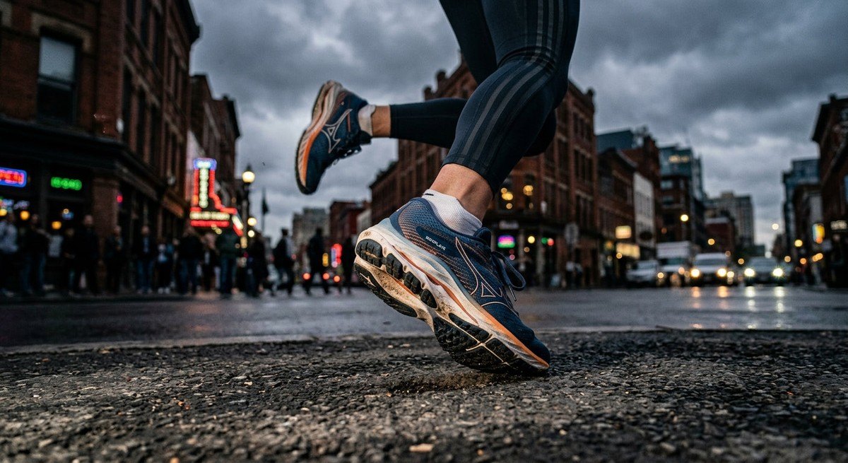 A detailed, professional photograph of running trainers mid-stride, highlighting the advanced cushioning and structural engineering of the footwear against a moody urban background.