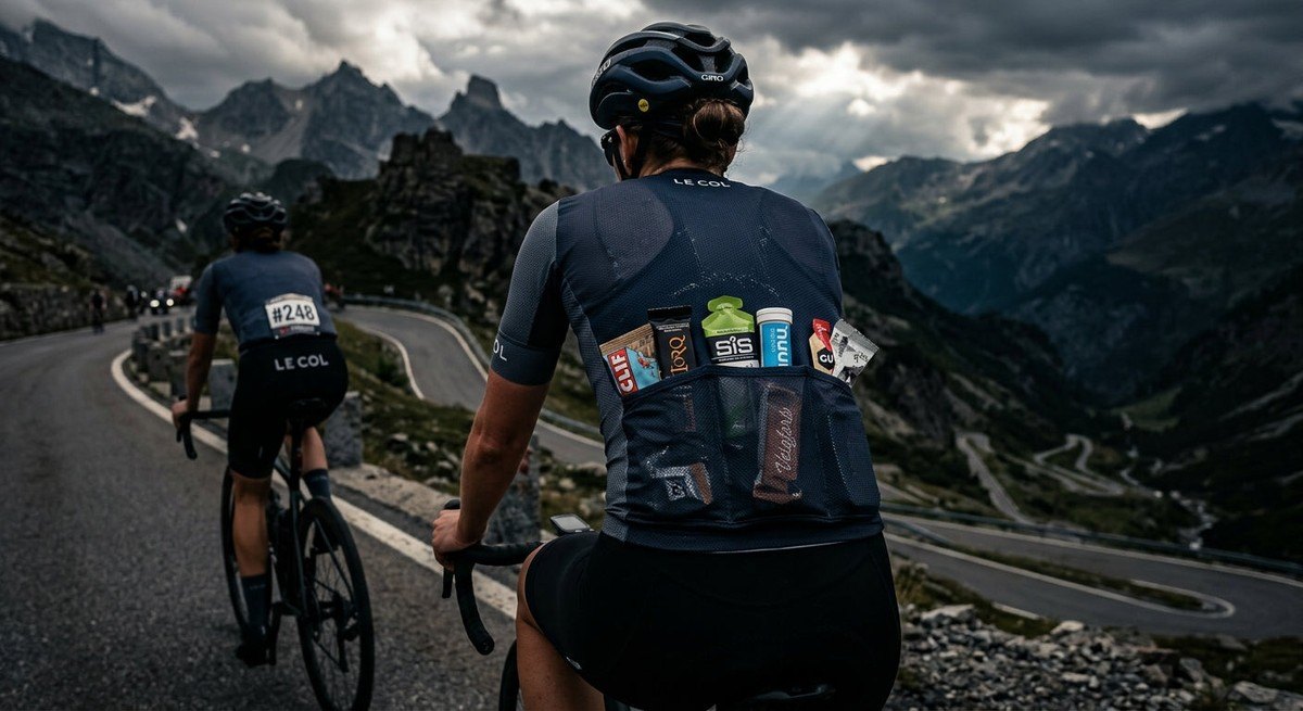 A detailed shot of a cyclist's jersey pockets filled with nutrition supplies against a high-contrast, moody backdrop of a mountain pass.
