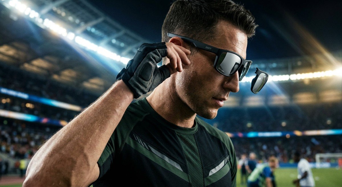 A detailed studio shot of the magnetic lens interchange system on the Shift Split Mag glasses with dramatic stadium lighting.