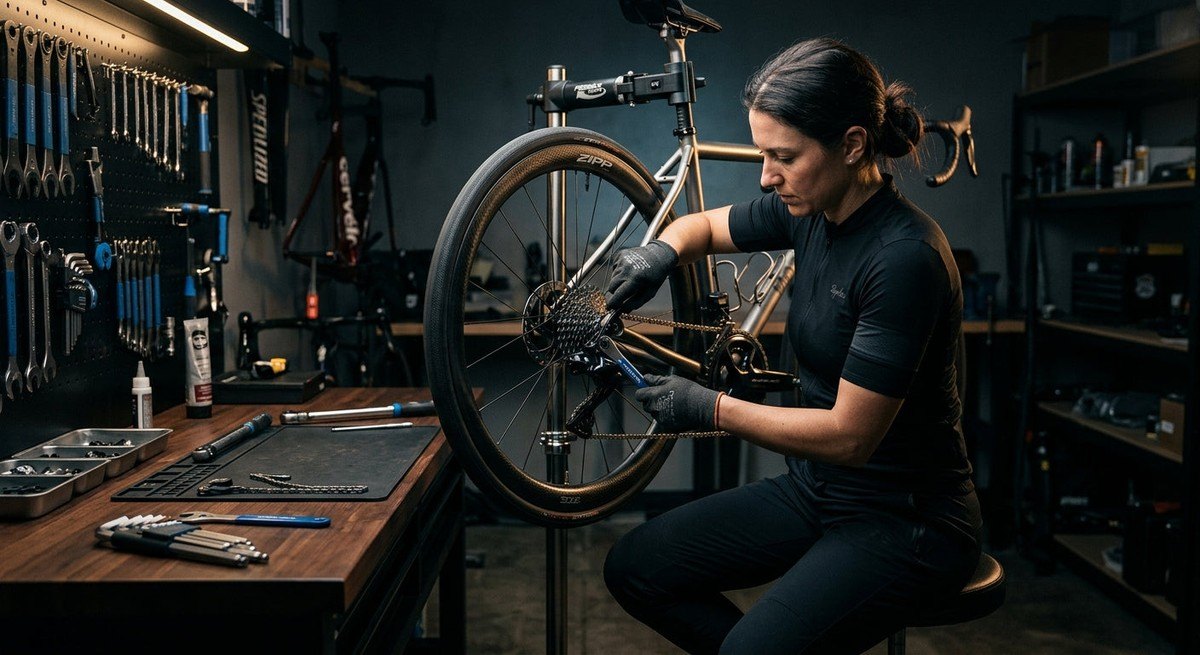 A detailed view of a high-end mechanical bike groupset being serviced with professional tools on a clean workbench, dramatic studio lighting.