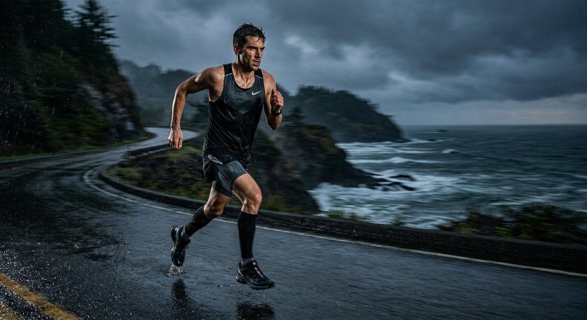A determined athlete running on a rainy coastal road, showcasing intense focus and high-speed motion blur against a moody, dark background.