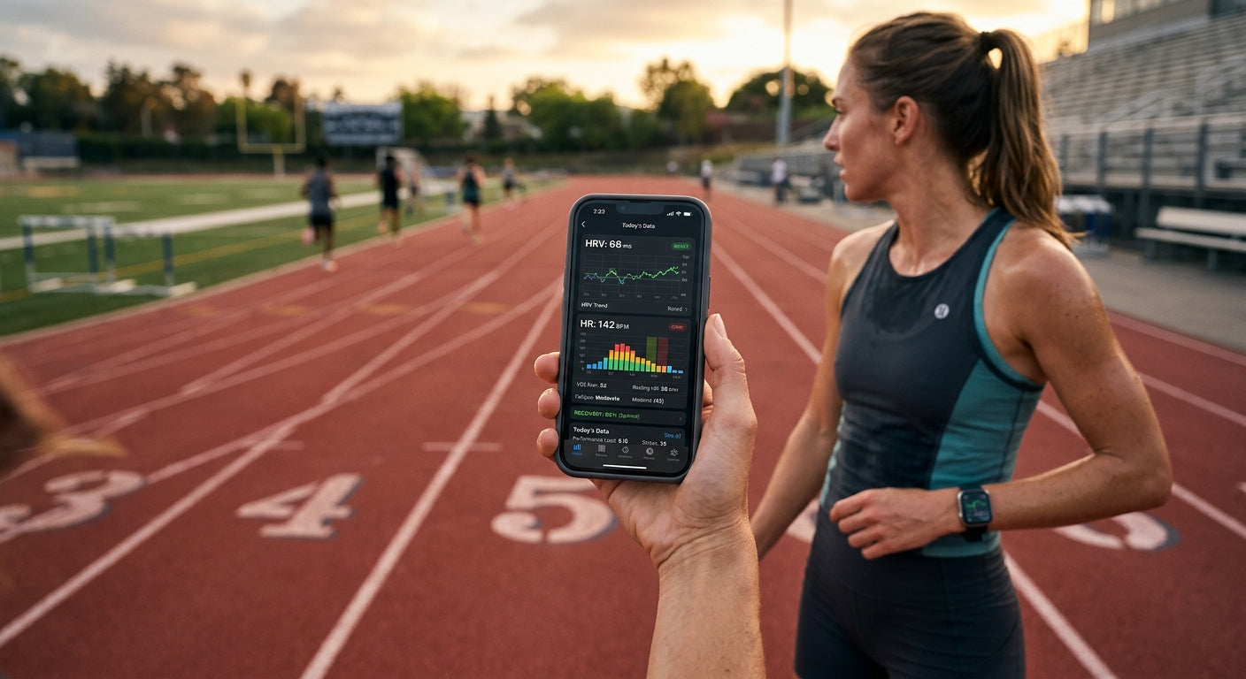 A digital interface displaying complex HRV and physiological data metrics on a smartphone screen against a backdrop of a blurred, athletic track.