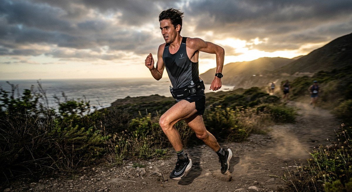 A distance runner wearing an ergonomic running belt and smart watch strap, captured in high-speed action with dramatic contrast and intense focus.