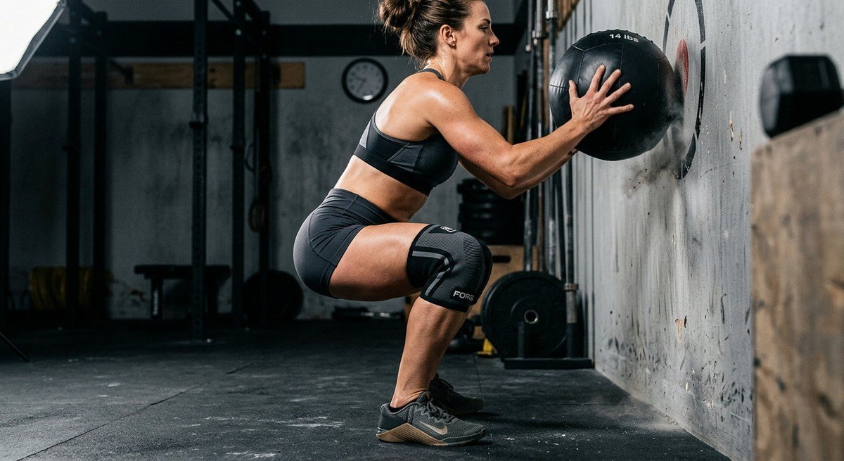 A dramatic action photograph of a fitness enthusiast performing a wall ball shot, focusing on the stability and compression of the knee sleeve.