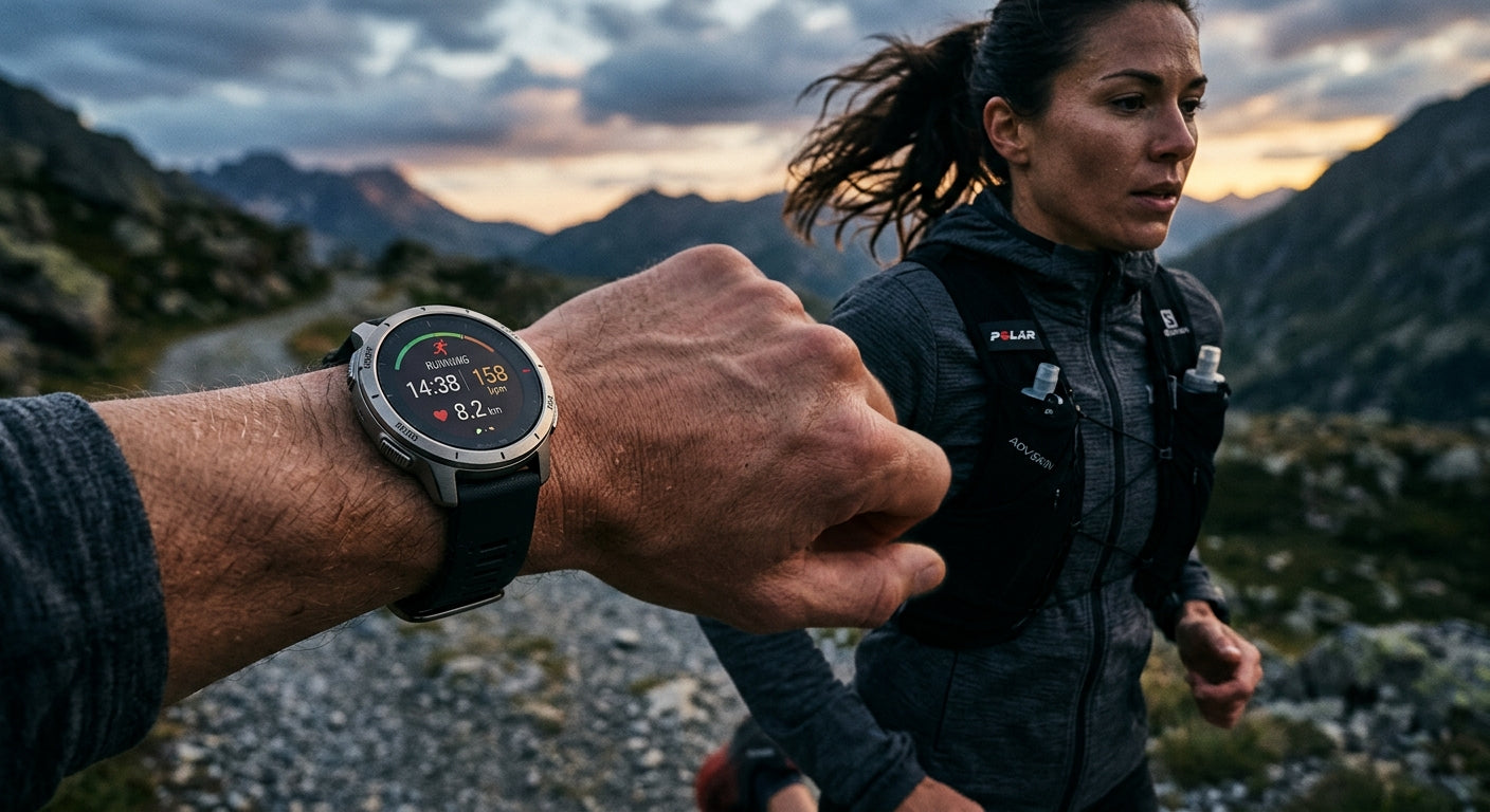 A dramatic cinematic shot of a runner's wrist featuring the Polar Vantage V4, highlighting the sleek titanium finish and rugged design.