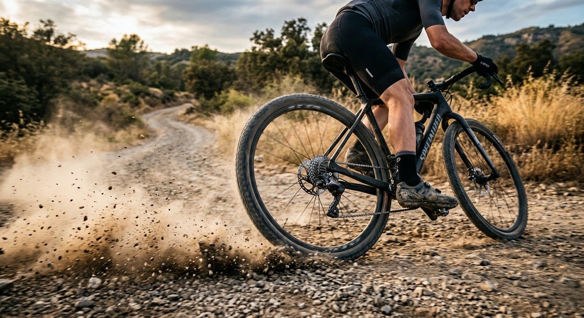 A dramatic, high-speed photograph of a gravel bike tyre spinning on a dusty path, capturing the fine texture of the rubber and motion blur.