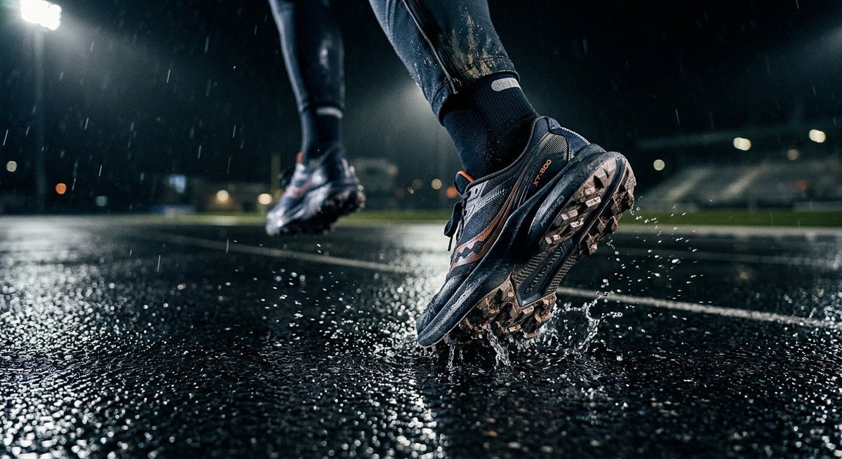 A dramatic, moody action shot of a runner's foot strike on a wet asphalt surface, highlighting the grip and structural geometry of the performance outsole.