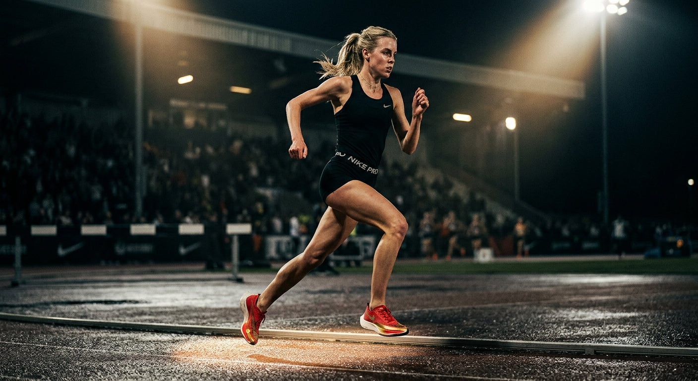 A dramatic, moody portrait of the Nike Vaporfly NEXT%4 Keely Hodgkinson edition under cinematic stadium spotlights.