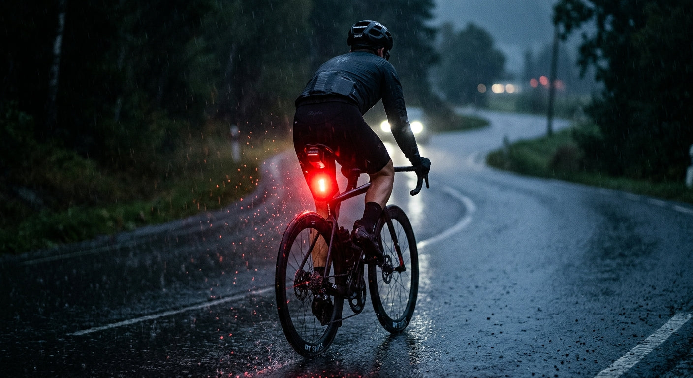 A dramatic, moody shot of a road cyclist from behind, focused on the rear light and radar unit glowing intensely against a dark, rainy backdrop with high contrast.