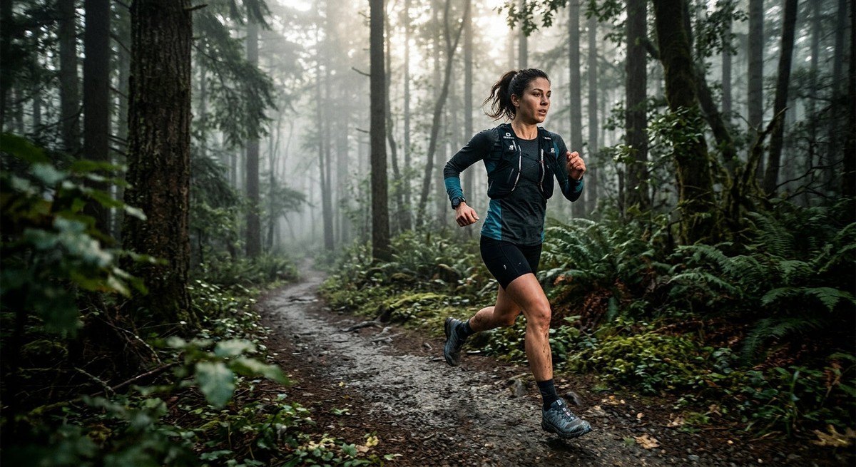 A dramatic, wide-angle shot of an athlete running through a misty forest, highlighting the intensity and focus of long-distance training.